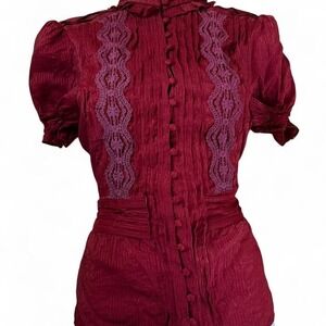 Y2K 2000s style 2B BEBE button up high collar top with ruffles and buttons